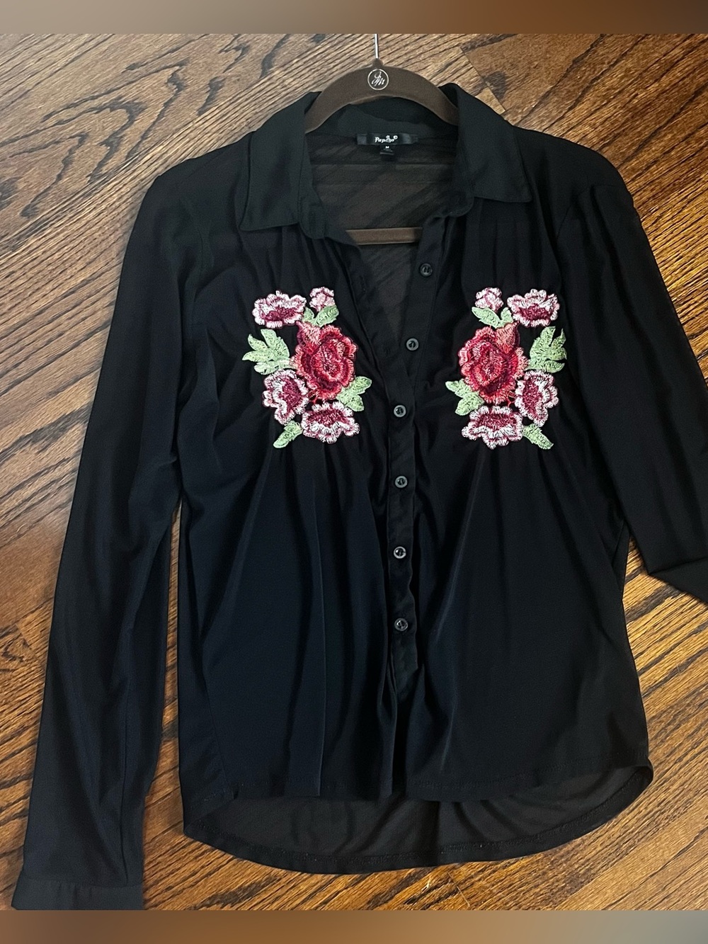 Sheer Black Floral Embroidered Button-Up Top Pair with tank  M